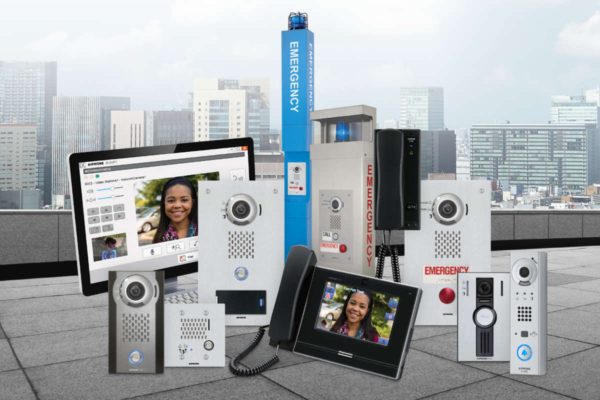 Aiphone intercom devices from the Aiphone's IX Series, Peer‑to‑Peer IP Video Intercom with SIP Capability. Multiple devices be it ntercoms, keypads, cameras, screens and more with a large cityscape as a backdrop.