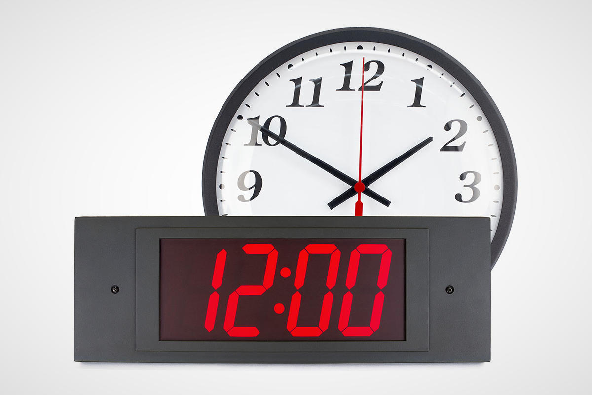 Synchronized clocks, a system by CareHawk, a picture of a synced analog and digital clock.